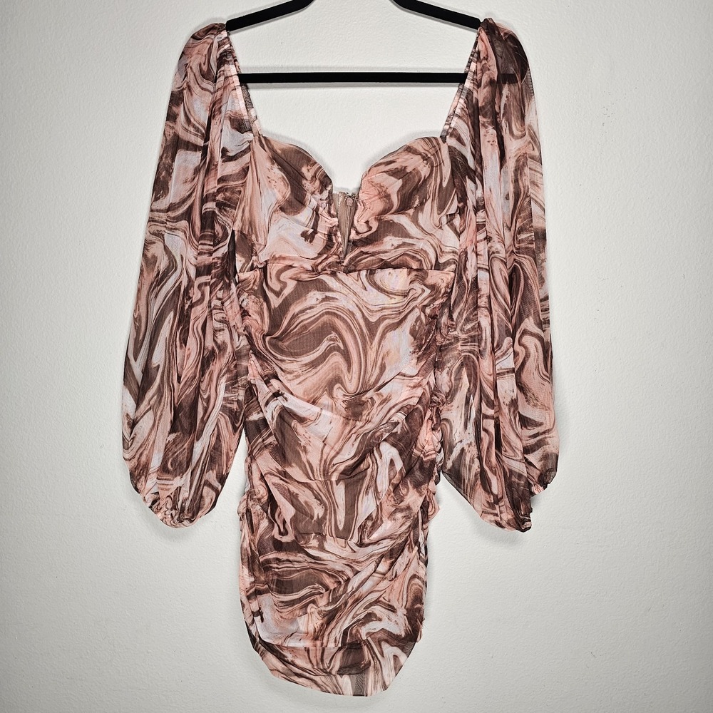 Womens Small Marble Print Puff Sleeve‎ Sweetheart Mini Dress
